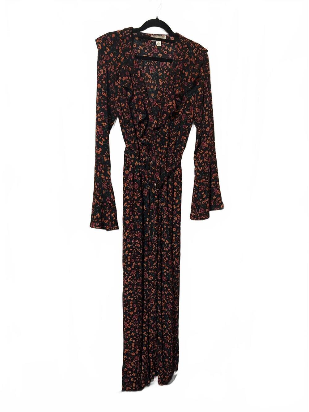 Band of Gypsies Black Floral Long Sleeve Jumpsuit Ruffle - Picture 2 of 6